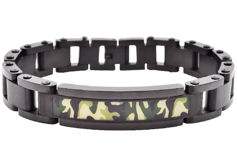 Women’s wedding cuff bracelet-Mens Black Stainless Steel Camo ID Bracelet