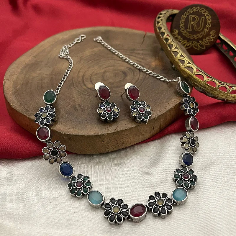 Women’s sterling silver necklace-FS Collection Oxidised Plated Pota Stone Necklace Set