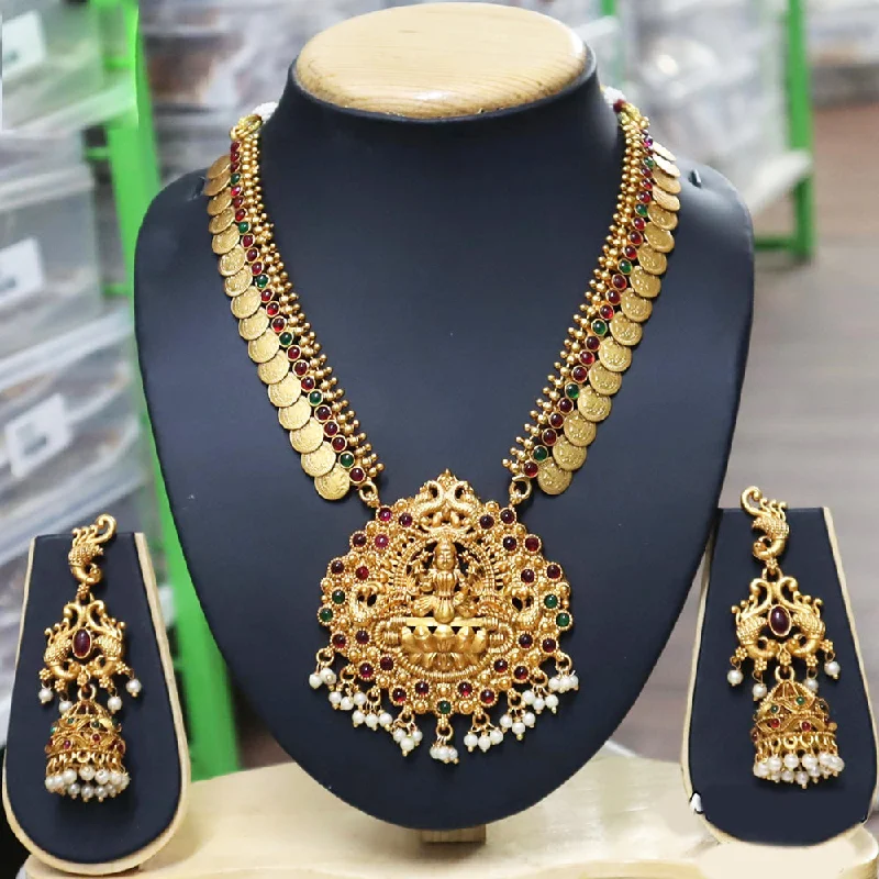 Women’s eco-friendly necklace-Diksha Collection Gold Plated Pota Stone Temple Necklace Set