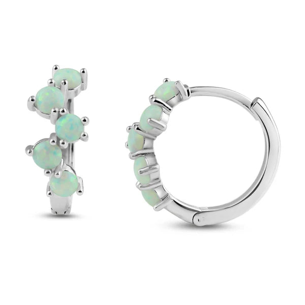 Women’s geometric stud earrings-Rhodium Plated 925 Sterling Silver Alternating Opal Hoop Earrings