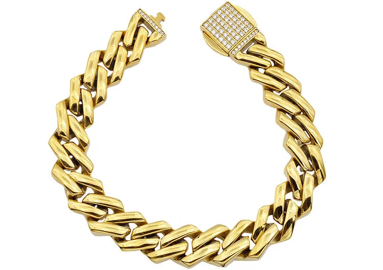 Women’s custom bracelet-Mens 14mm Gold Plated Stainless Steel Closed Link Curb Chain Bracelet With Cubic Zirconia Embedded Box Clasp