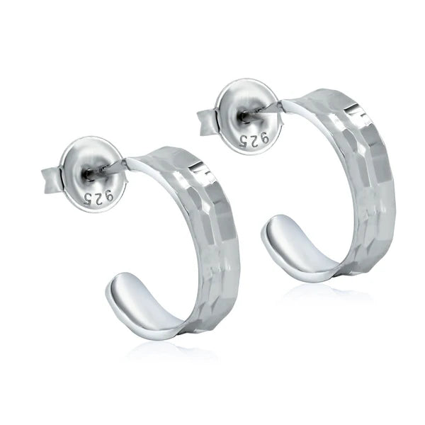 Women’s circle earrings-Rhodium Plated 925 Sterling Silver Diamond Cut 13.5 Semi Hoop Stud Earrings