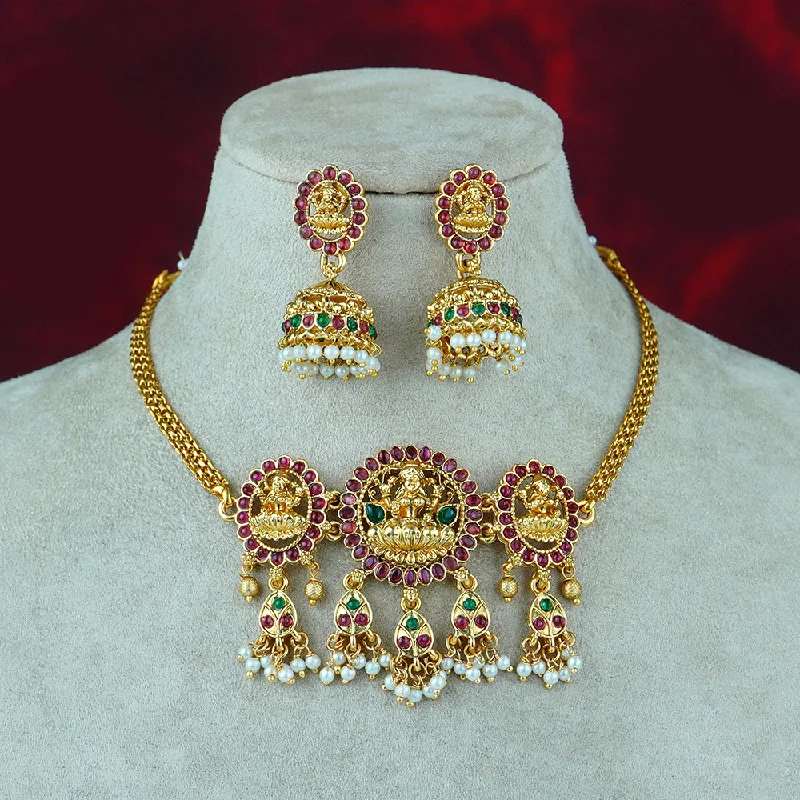 Women’s fashion necklace-Diksha Collection Gold Plated Temple Pota Stone Necklace Set