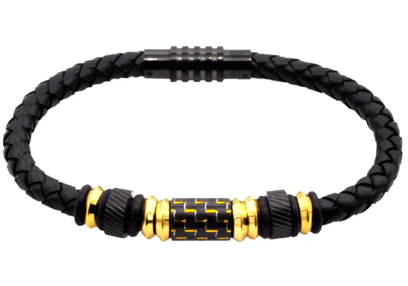 Women’s tennis bangle-Mens Black Leather Gold Plated Stainless Steel Bracelet With Carbon Fiber