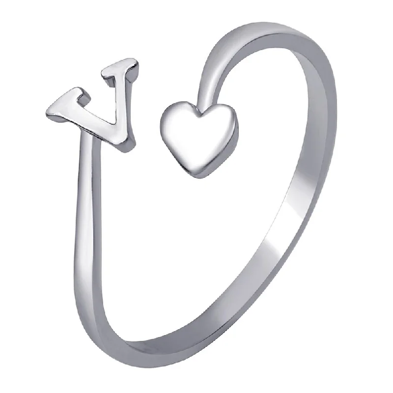 Women’s oval gemstone ring-Mahi Rhodium Plated 'V' Initial and Heart Adjustable Finger Ring for Women (FR1103127R)