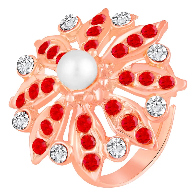 Women’s anniversary ring-Mahi Rose Gold Plated Floral Look Adjustable Finger Ring with Red Artificial Pearl & Crystal for Women (FR1103190ZRedWhi)