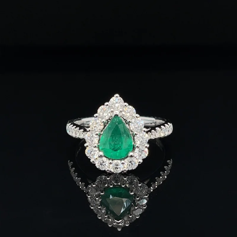 Women’s contemporary diamond engagement ring-Pear Emerald & Diamond Halo Cluster Engagement Anniversary Ring in 18k White Gold - #551 - RGEME065337