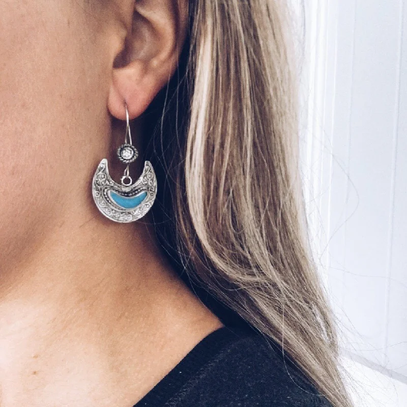 Women’s engagement earrings-Crescent Kuchi Tribal Earrings - Turquoise