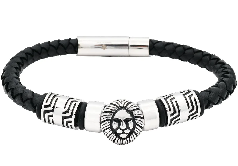 Women’s bridal bracelet-Mens Lion's Head Black Leather Stainless Steel Bracelet