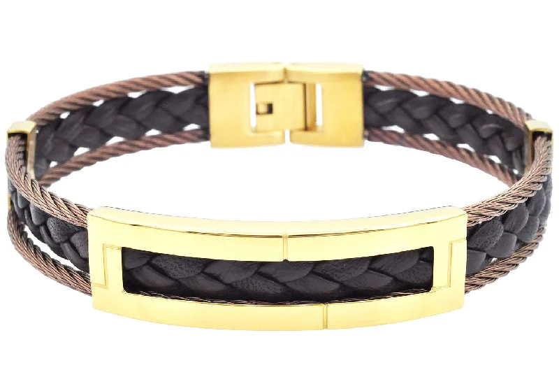 Women’s crystal bracelet-Mens Gold Stainless Steel Brown Leather Cable Bracelet