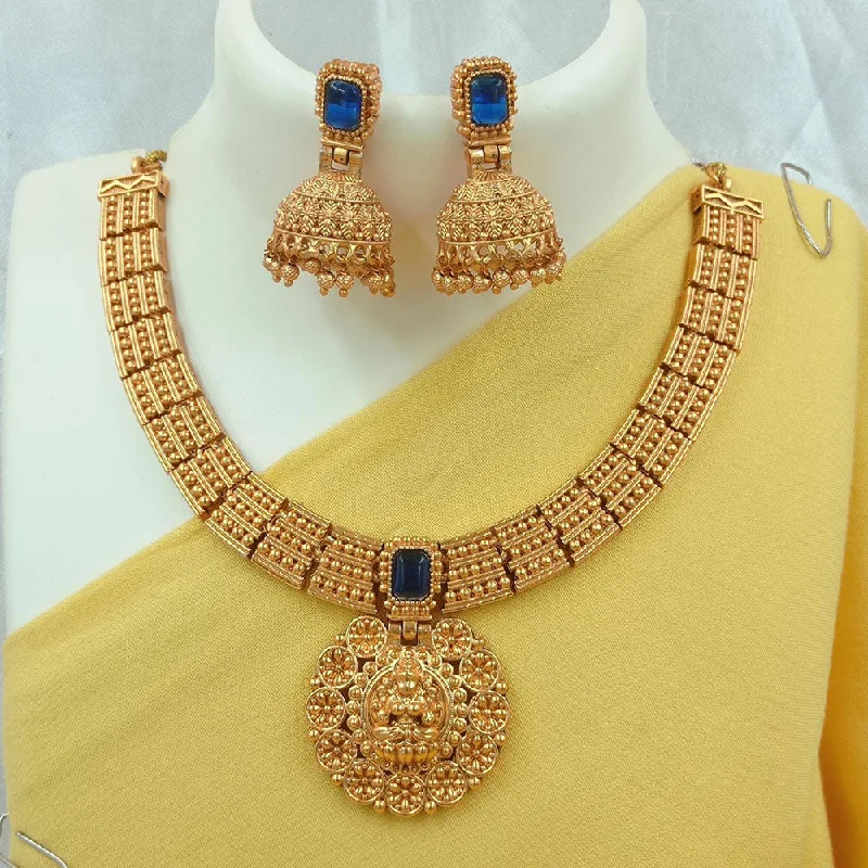 Women’s wedding necklace-FS Collection Gold Plated Kundan Stone Temple Necklace Set