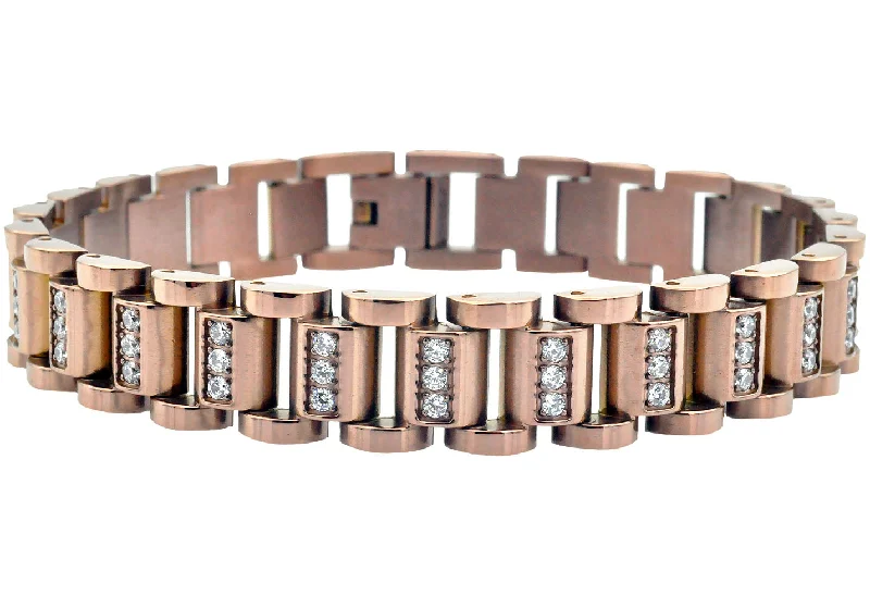 Women’s chic charm bracelet-Mens Chocolate Stainless Steel Watch Link Bracelet With Cubic Zirconia