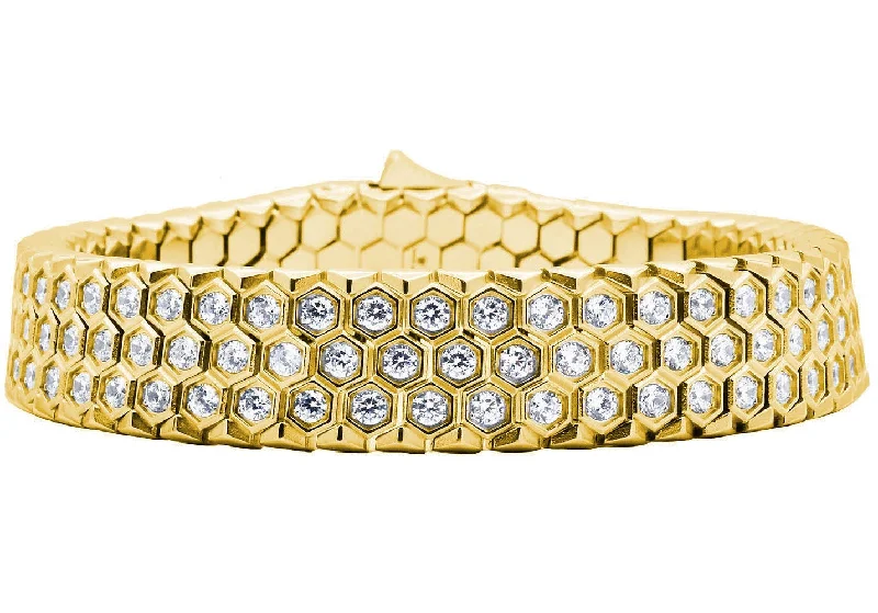 Women’s custom bracelet-Mens Honey Comb Texture Gold Plated Stainless Steel Bracelet with Cubic Zirconia